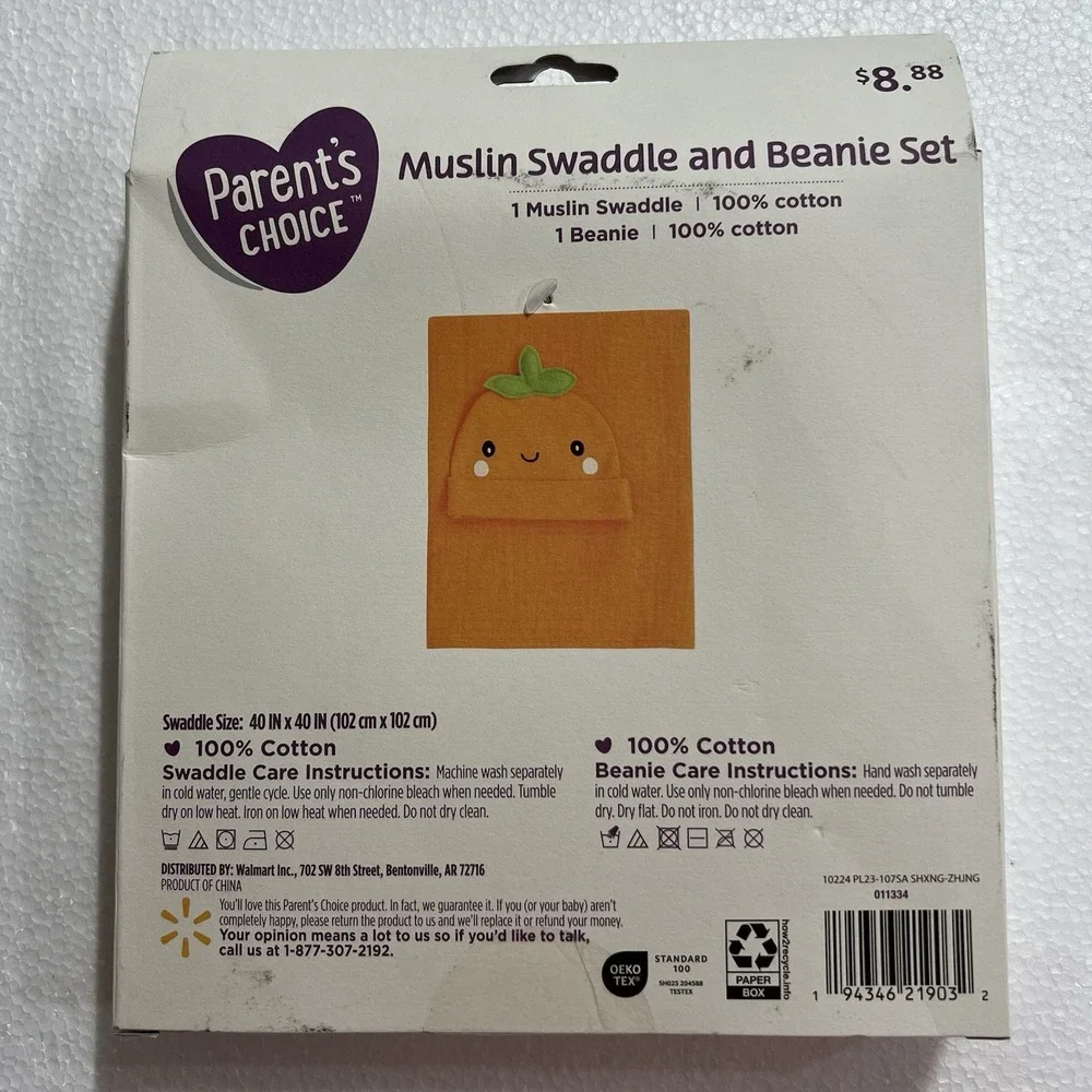 Parents Choice Muslin Swaddle and Beanie Cotton‎ Carrot Newborn Set